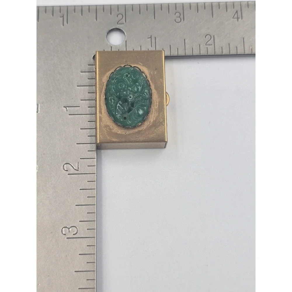 Antique Chinese Brass Pill Snuff Box with Carved Green Jadeite Jade Stone Top
